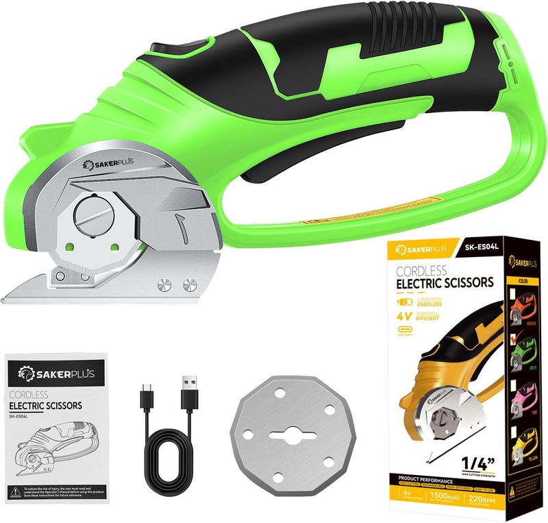 SakerPlus Cordless Electric Scissors, 4V Rechargeable Cardboard Cutter, Cordless Box Cutter, Powerful Cardboard Scissors with Blade, LED Light, Safety Lock for Cutting Fabric Leather - Image 1